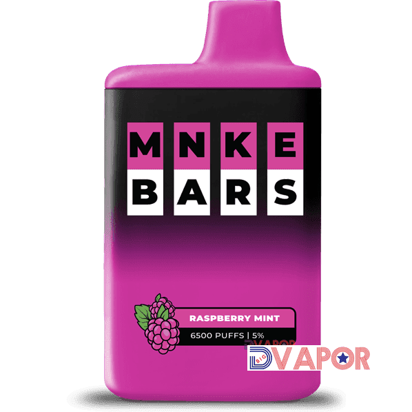 MNKE Bars disposable vape with 16ml e-liquid, 6500 puffs, rechargeable, and 5% nicotine, shown in a sleek design.
