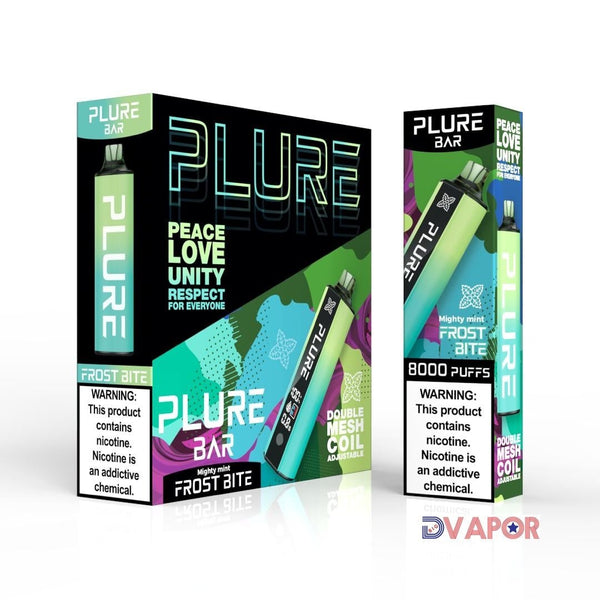 Disposable Plure Bar vape with 8000 puffs, non-refundable clearance item, featuring sleek design and compact size.