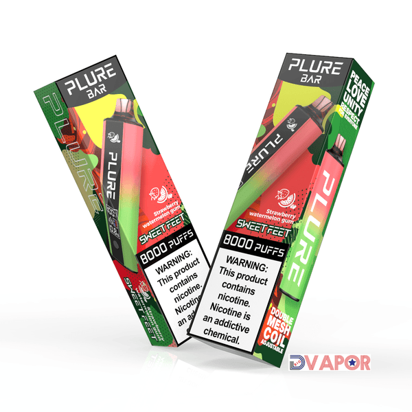 Disposable Plure Bar Vape with 8000 puffs, non-refundable clearance product, featuring sleek design and compact size.