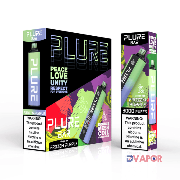 Disposable Plure Bar vape with 8000 puffs, non-refundable clearance item, featuring sleek design and compact size.