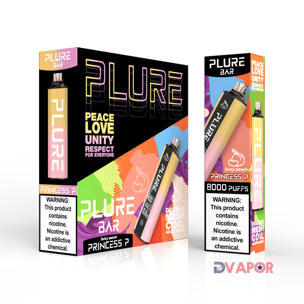 Plure disposable vape bar with 8000 puffs, non-refundable clearance, featuring sleek design and compact size.