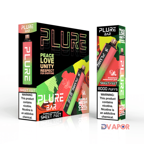 Disposable Plure Bar vape with 8000 puffs, non-refundable clearance product, shown in sleek design with mouthpiece and vapor outlet.