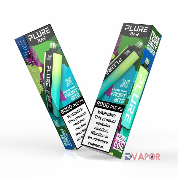 Disposable Plure Bar vape with sleek design, featuring an 8000 puff capacity and clear label, non-refundable clearance item.