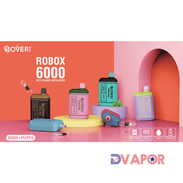 Rover Ecig Rover Robox 6000 Puff disposable vape with dual mesh coil, shown with sleek cylindrical design and mouthpiece