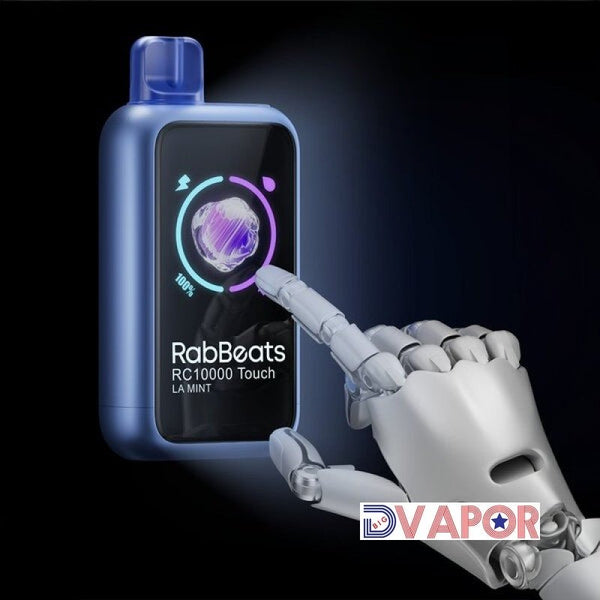EB Design Rab Beats RC10000 Touch Disposable Vape, sleek black vape device with touch button and clear branding.