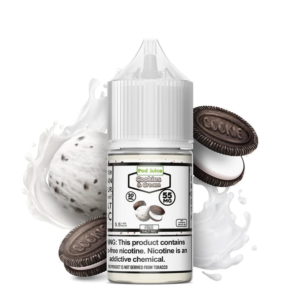Cookies and Cream SALT e-liquid by Pod Juice in a 30mL bottle, featuring a creamy cookies and vanilla flavor.