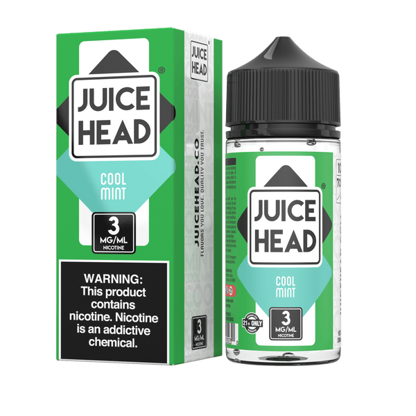 Bottle of Juice Head Cool Mint E-liquid 100mL with mint-flavored vape juice label and mint leaves on the packaging
