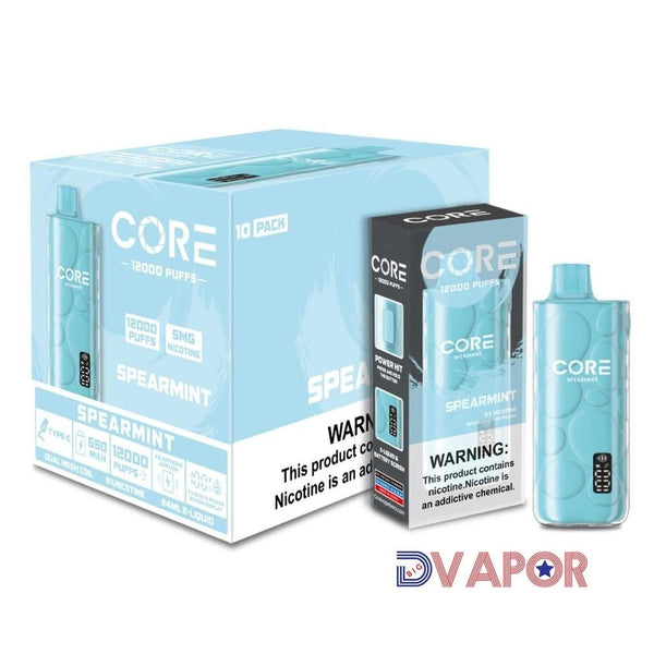 Core Labs Core 12K disposable vape device with sleek design and mouthpiece, showcasing its compact, portable form.