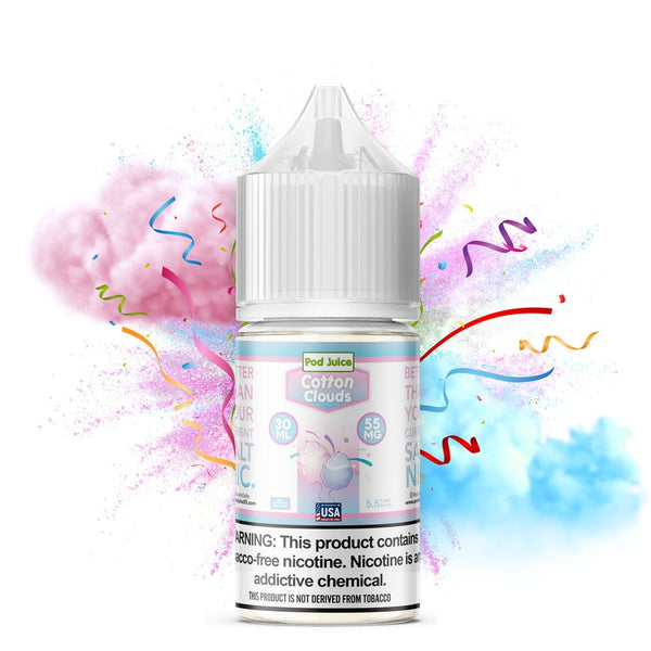 Cotton Clouds SALT e-liquid by Pod Juice in a 30mL bottle, featuring a smooth, cotton-inspired vape flavor.