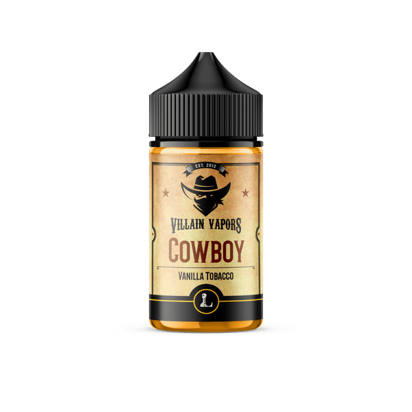 Bottle of Cowboy Villain Vapors E-liquid by Five Pawns in a 60mL glass dropper bottle with label showing branding and flavor details.