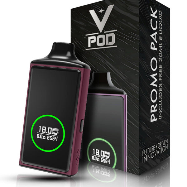 CraftBox V-Pod Pod System hardware device with sleek design and compact size, featuring buttons and mouthpiece for vaping.