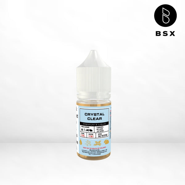 Crystal Clear SALT e-liquid by BSX Vapor in a 30mL bottle, featuring transparent packaging and vibrant branding.