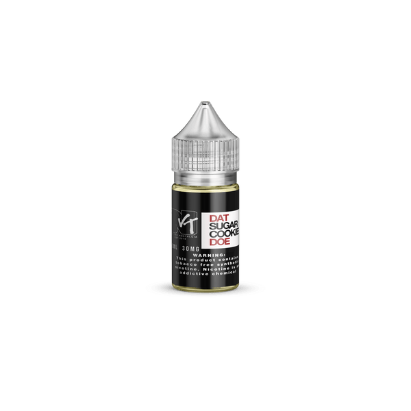 Vape The Nostalgia Dat Sugar Cookie Doe Salt e-liquid bottle, 30mL, with white and blue packaging and flavor label visible.