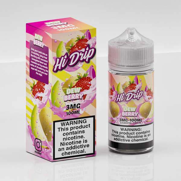 Dew Berry Hi Drip e-liquid 100mL bottle with colorful label featuring dew drops and berry illustrations.