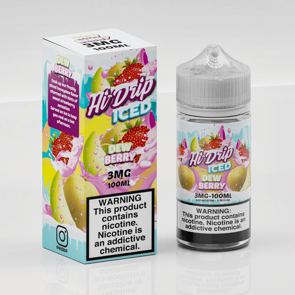 Dew Berry ICED Hi Drip e-liquid bottle, 100mL with dewberry and ice flavor, featuring vibrant label design