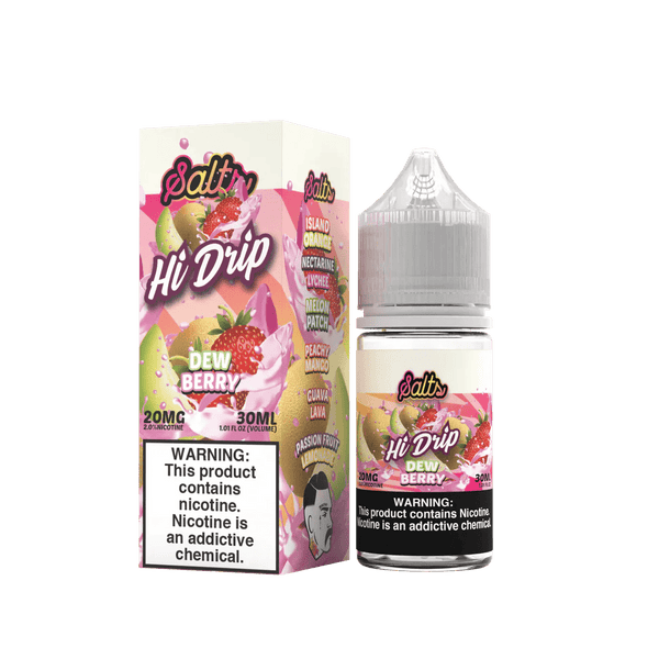 Dew Berry SALT Hi Drip e-liquid bottle, 30mL, with colorful label featuring dew berries and fruity flavor design.