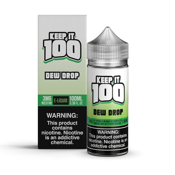 Dew Drop Keep It 100 e-liquid 100mL bottle with colorful label and dropper cap, vaping flavor for e-cigarettes.