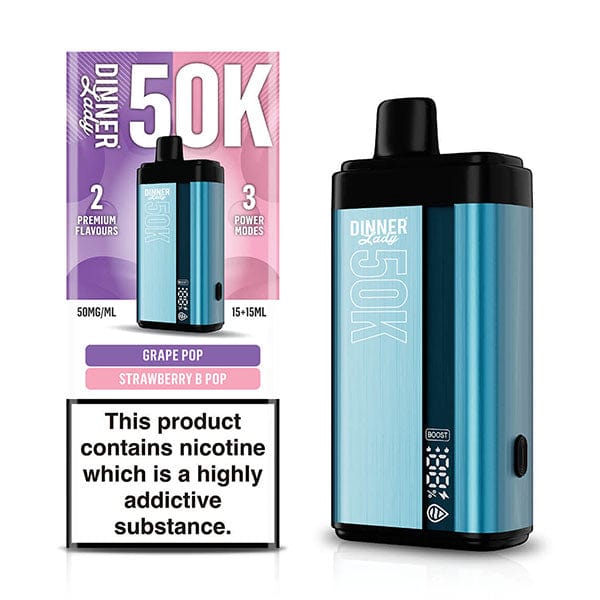Dinner Lady 50K Puff disposable vape device shown, compact and sleek with colorful branding on the e-cigarette.