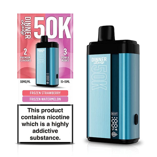 Dinner Lady 50K Puff Disposable vape device with sleek design and mouthpiece, featuring colorful branding and transparent tank.