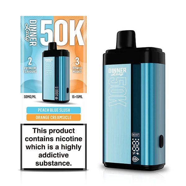 Dinner Lady 50K Puff Disposable Vape, sleek design with colorful branding and mouthpiece, ready for easy vaping.