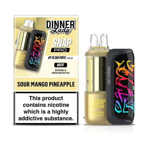 Dinner Lady Snap Pro 35K disposable vape kit with sleek design and mouthpiece, featuring colorful branding and compact size.