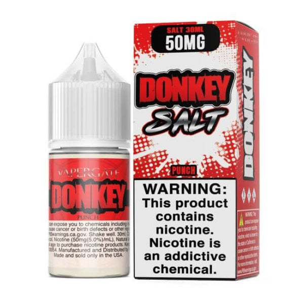 Vapergate Donkey SALT e-liquid bottle, 30mL, featuring a colorful label with donkey illustration for salt nicotine vaping.