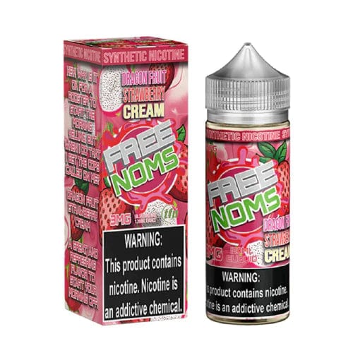 Bottle of Nomenon E-Liquids Dragon Fruit Strawberry Cream flavor, 120mL, featuring vibrant dragon fruit and strawberry imagery.