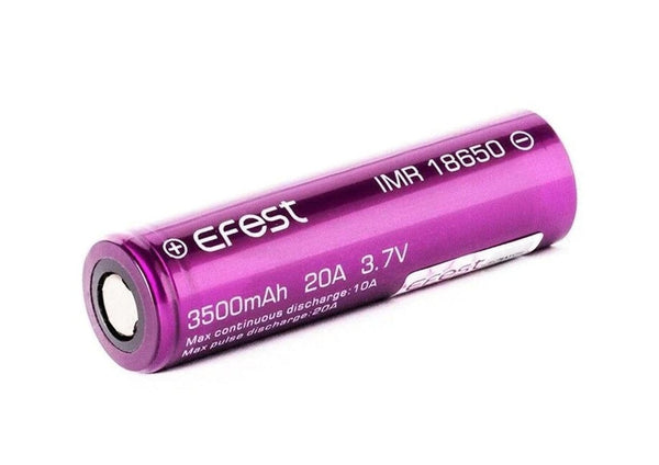 Efest 18650 3500mAh 20A IMR flat-top rechargeable vape battery, showing the black cylindrical battery with branding
