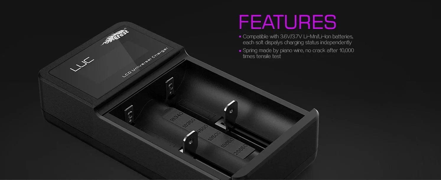 eFest LUC V2 2-bay LCD vape battery charger with digital display for 18650 lithium-ion batteries