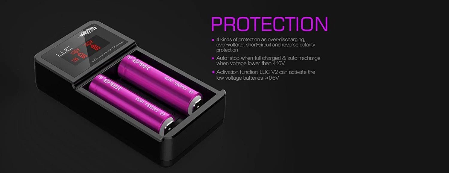 eFest LUC V2 2-bay LCD battery charger for 18650 batteries, vape part with digital display and charging ports.