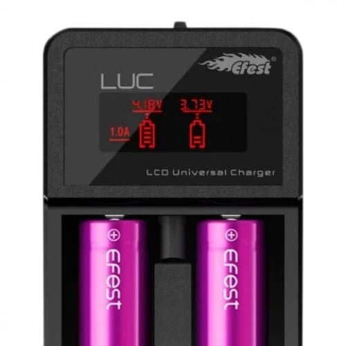 eFest LUC V2 2-bay LCD battery charger for 18650 batteries, vape part with digital display and charging ports