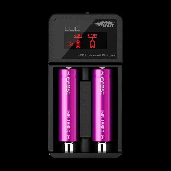 eFest LUC V2 2-bay LCD battery charger for 18650 vape batteries, with digital display and charging ports