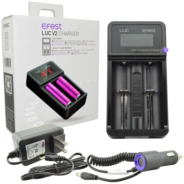 eFest LUC V2 2-bay LCD battery charger for 18650 batteries, vape part with digital display and charging ports