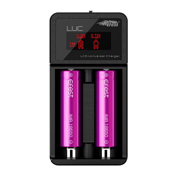 Efest LUC V2 2-bay LCD battery charger for 18650 vape batteries, featuring digital display and charging ports.