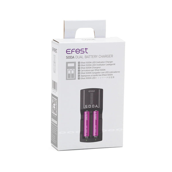 Efest Soda dual battery charger for vape batteries, compact eFest vape part with two charging slots and LED indicators.