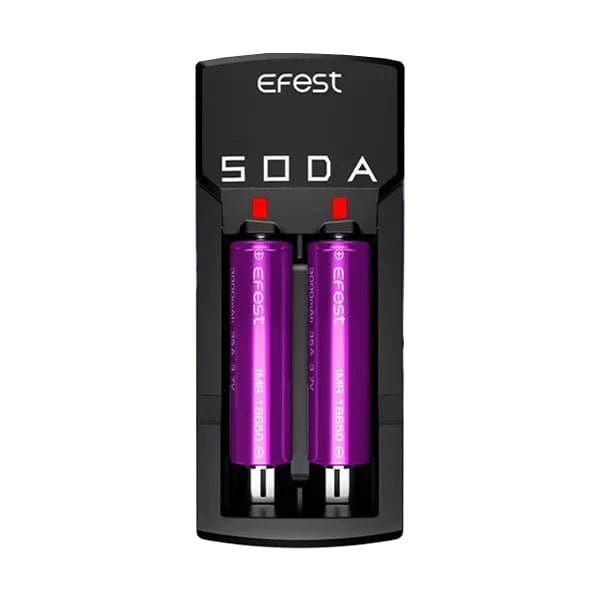 eFest Soda dual battery charger for vape batteries, compact and easy to use with dual charging slots for rechargeable batteries.