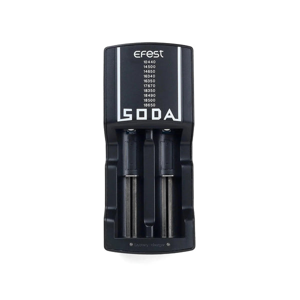 eFest Soda dual battery charger for vape batteries, featuring two charging bays and digital display for easy battery management.