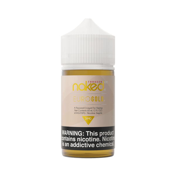 Euro Gold Naked 100 e-liquid bottle with gold and black label, 60mL size, featuring the Naked 100 branding and flavor details.