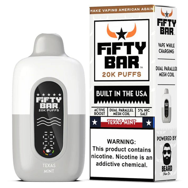 Fifty Bar 20K disposable vape pen with sleek design and mouthpiece, showing the device held in hand.