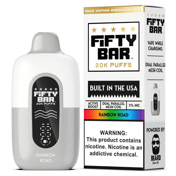 Fifty Bar 20K Disposable Vape device with sleek design and colorful branding, showcasing a compact, portable vaping product.