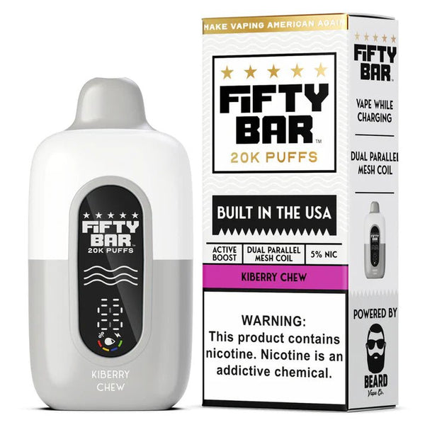 Fifty Bar 20K Disposable Vape device with sleek design and mouthpiece, featuring brand logo and colorful accents.