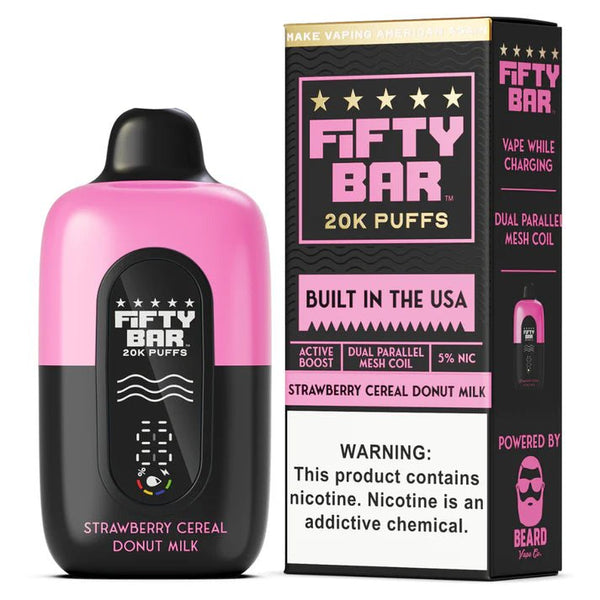 Fifty Bar 20K Disposable Vape in sleek design with colorful branding, showcasing the device's compact and portable appearance.