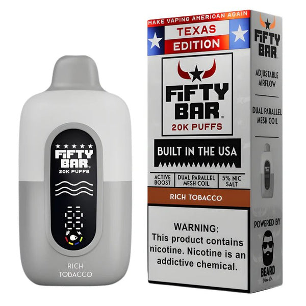 Fifty Bar 20K Disposable Vape device with sleek design and branding, displayed on a plain background.