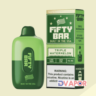 Fifty Bar 6500 Disposable vape device with sleek design and mouthpiece, featuring the Fifty Bar brand logo and colorful accents.