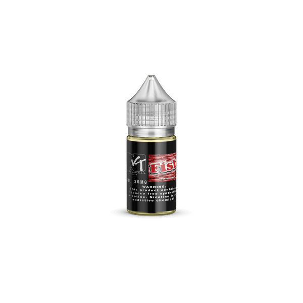 Bottle of Fish SALT Vape The Nostalgia e-liquid 30mL with colorful label featuring a fish illustration and ocean-inspired design.