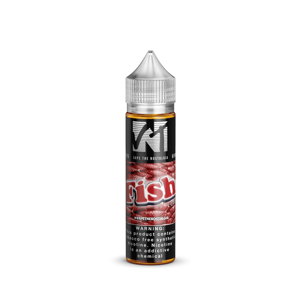 Vape The Nostalgia Fish e-liquid 60mL bottle with colorful label featuring a fish illustration, ideal for vaping enthusiasts.