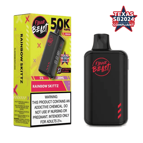 Flavor Beast XBM50 50K disposable vape device showing sleek design and branding, designed for long-lasting vaping enjoyment.