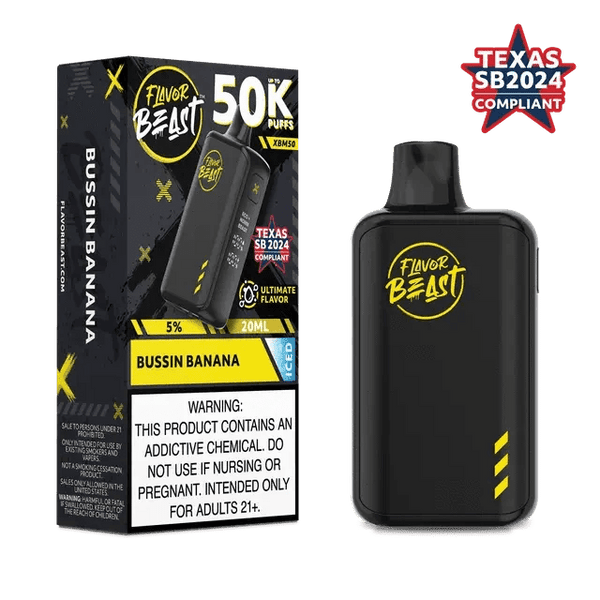 Flavor Beast XBM50 50K disposable vape showing sleek design and colorful branding on the device.