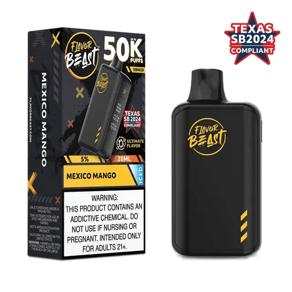 Flavor Beast XBM50 50K disposable vape, sleek design with colorful branding, designed for extended vaping sessions.