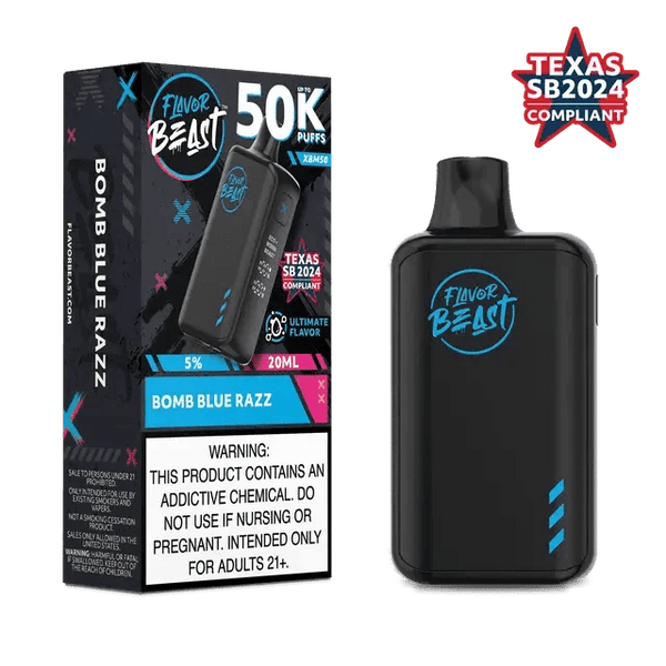 Flavor Beast XBM50 50K disposable vape device with sleek design and vibrant branding, designed for convenient vaping.